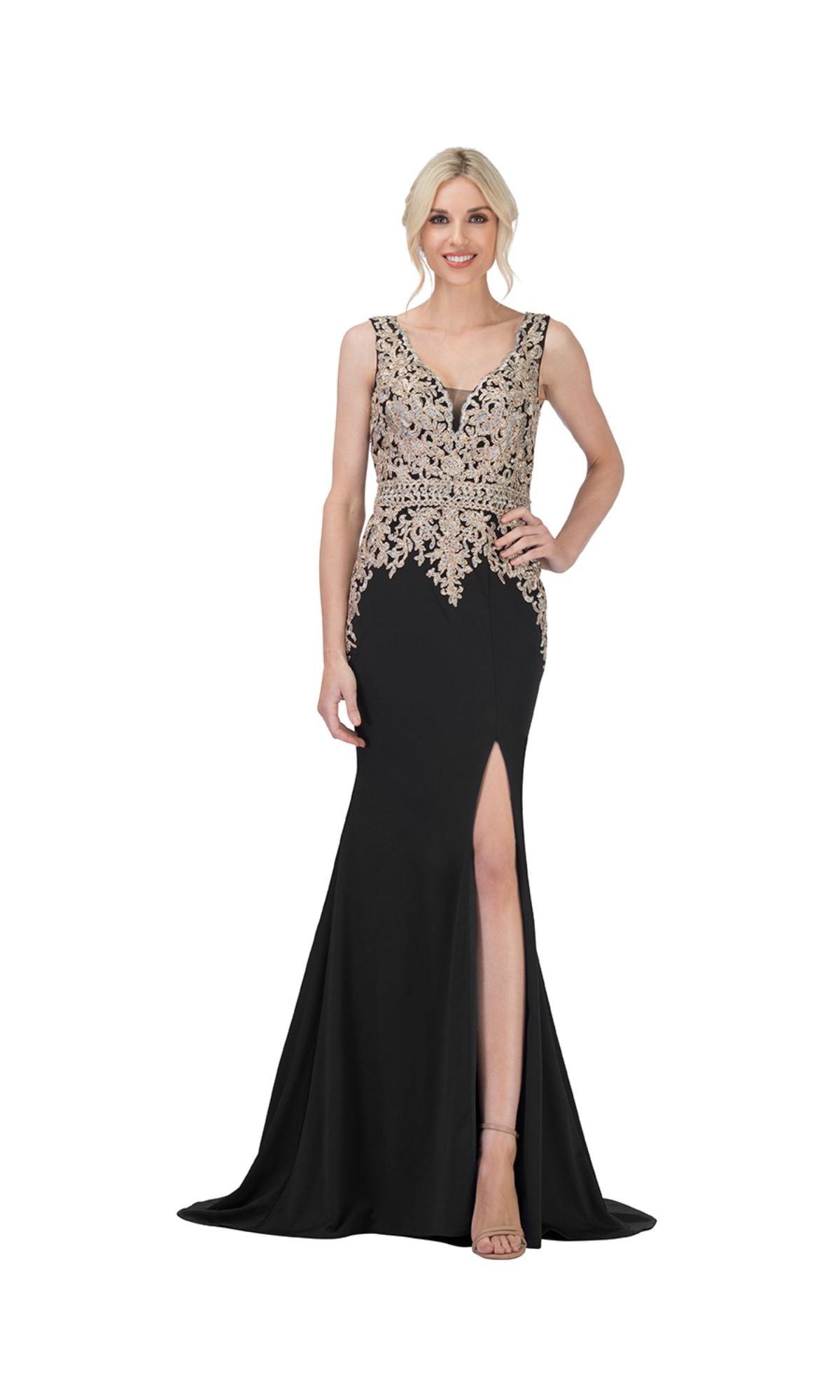 A woman wearing the Chicas C7530 Embroidered-Bodice Long Prom Dress—sleeveless, black, with gold embroidery and a thigh-high slit—stands facing forward against a white background.